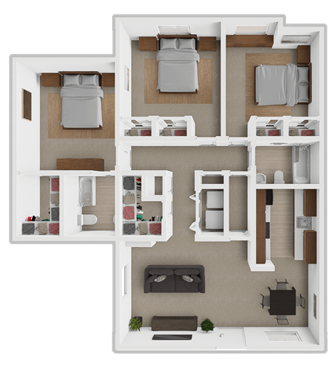 Floor plan for 3 beds, 2 baths, 1060 sqft